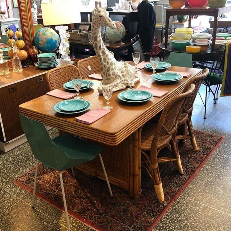                   Bamboo dining table! $595! Rattan chairs - $22! Blue modern metal dining