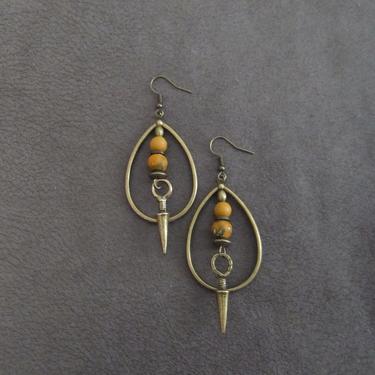 Bronze hoop earrings, bohemian earrings, rustic boho earrings, artisan ethnic earrings, tear drop hoop earrings, mustard yellow earrings 