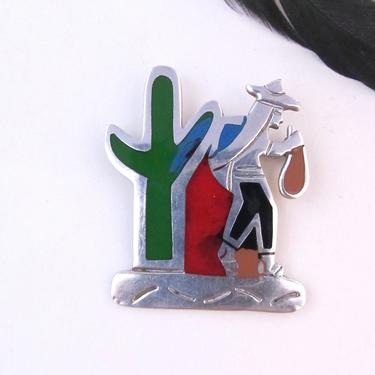 OLD MEXICO Vintage 70s Brooch | 1970s 925 Sterling Silver Enamel Cactus and Man Figural Novelty Pin | Southwestern, Mexican Souvenir Jewelry 