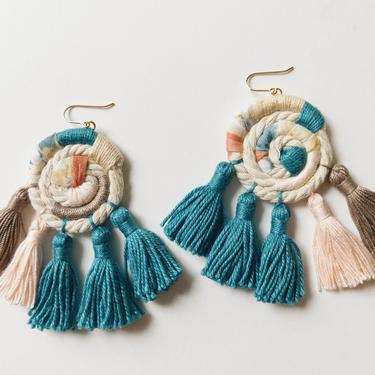 Statement Tassel Earrings - Large Multicolor Fringe Earrings - Handmade Wrapped Rope, Fabric - Teal/Blue/Green, Peach, Neutral - Gold Filled 
