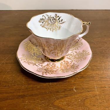 Vintage Queen Anne Tea Cup and Saucer Pink and Gold Wheat and Floral Sprays 