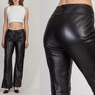 Vintage Cache Black Leather Trousers - Medium, 31&quot; | 90s High Waist Boot Cut Biker Pants 