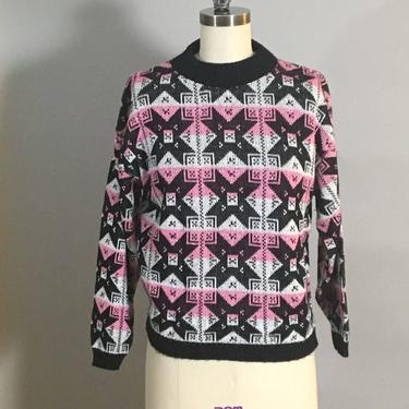 Pink, black, white and silver geometric pullover sweater - 1970s vintage - size M 