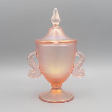 Fenton Velva Rose Stretch Glass Dolphin Candy Jar with Lid | Vintage Pink Iridescent Glassware | 1980 75th Anniversary 