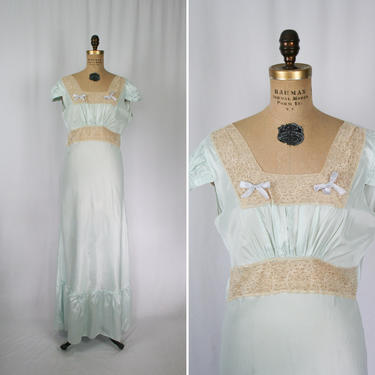Vintage 30s nightgown | Vintage blue rayon lace nightdress | 1930s full length  negligee 