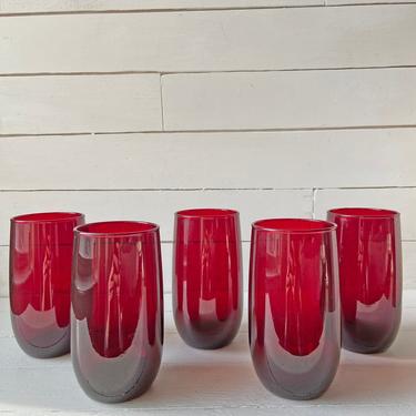 Vintage Royal Anchor Hocking Ruby Red Glass Tumblers, Set of 5 // Red Glass Water And Juice Glasses // Red Midcentury Barware // Gift 