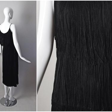 vtg 80s black tiered fringe sleeveless flapper dress | 1980s 70s | size dress | 80s does 20s party dress new years eve evening 