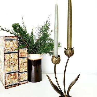 Vintage Brass Double Flower Candleholder 
