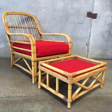 Vintage Bamboo Chair &amp; Ottoman with Red Cushions