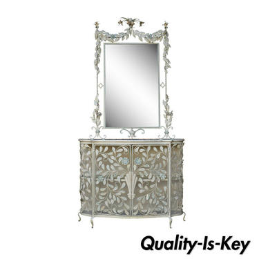 French Floral Shabby Chic Wrought Iron Mirror & Marble Top Console Table Cabinet