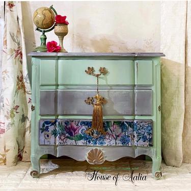 Mint Green Floral Vintage French Provincial Buffet. Luxury Dresser Upscale Credenza Server Sophisticated Farmhouse Entryway Console 