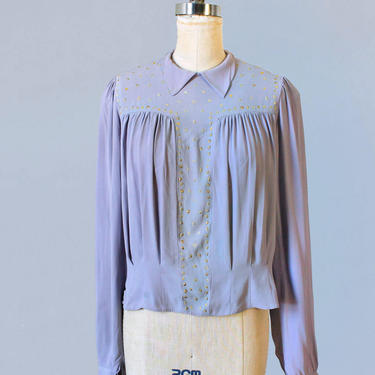 1930s Blouse / 30s Lilac Crepe Blouse with Gold Fleck Accents 