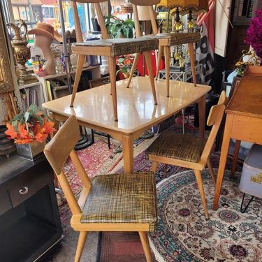 Mid Century Dining Suite, Table with Four Chairs, Original upholstery. Maple.