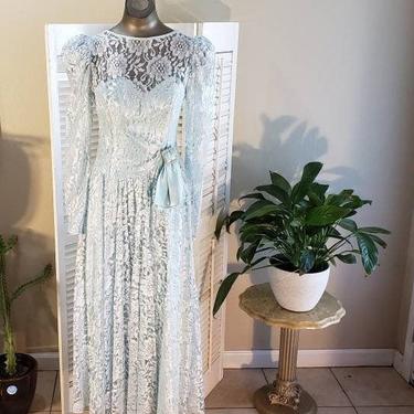 80s Pale Blue lace Dress w/Sweetheart Bodice Satin Piping Puffy Sleeve M/L 