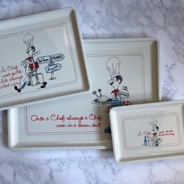 Gift for Chef, Vintage Lacquer Serving Trays, french chef cartoon nesting trays, red white and blue, japanase lacquerware 