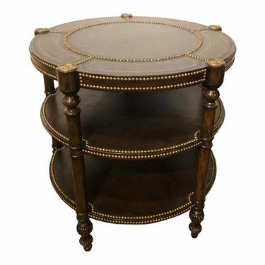 Round Transitional Chocolate Brown Leather and Brass Center Table