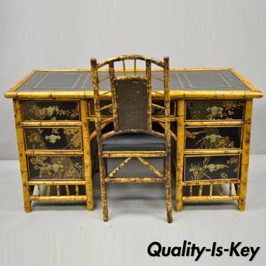 19th Century Chinoiserie English Bamboo Leather Top Lacquered Desk and Chair