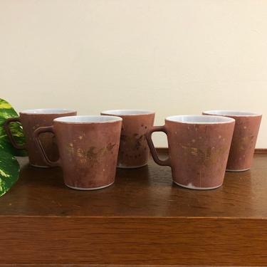 Vintage Pyrex Brown and Gold American Heritage Eagle Tea/ Coffee Mugs- Set of 5; MCM; Distressed DWD; Rare 