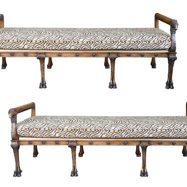 Long Pair of Italian Neoclassical Style Benches with Rams Head Motifs