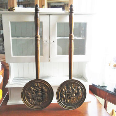 VINTAGE English Hammered Brass Bed Warmers// Colonial Style Brass Wall Planters//  Repousse Brass 