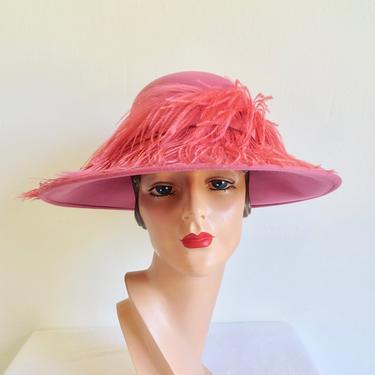 Vintage 1970's Pink Wool Felt wide Brim Hat Ostrich Feather Plume Trim Fabiani New York Rome 70's Millinery 