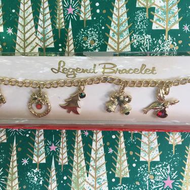 70's Christmas Gold Tone Charm Bracelet, Legend Bracelet Still In Box 