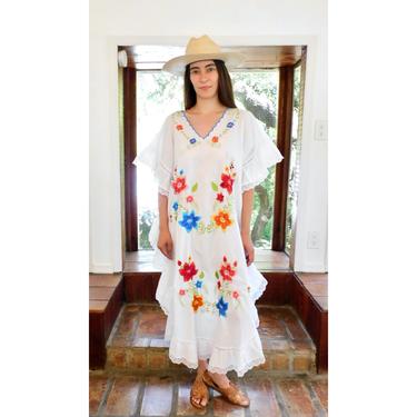 Petal Dress // vintage sun Mexican embroidered floral 70s boho hippie cotton hippy white maxi midi // O/S 