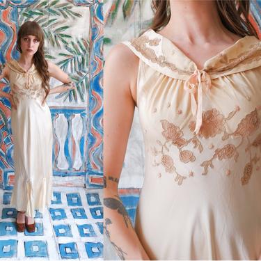 Vintage 30s Silk Nightgown/ 1930s Embroidered Lace Bias Cut Ivory Gown/ Size Small 