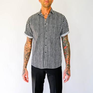Vintage 80s LEGENDARY BONHOMME Black & White Stripe Short Sleeve Shirt | Made in USA | 100% Cotton | 1980s Designer Rockabilly, Skater Shirt 