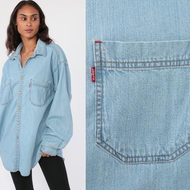 Levis Denim Shirt Medium Button Up Shirt LEVI STRAUSS Jean Shirt 90s Blue Grunge Long Sleeve Cotton Oversized Button Down Extra Large xl xxl 