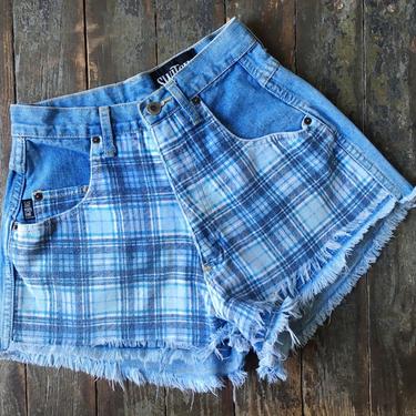 Vintage 90s Switch High Ultra Waisted Sky Blue Plaid Flannel Paneled Cut Off Fringe Grunge Jean Short Shorts S/25 