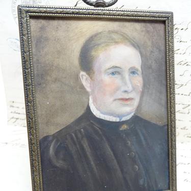 Antique Miniature Portrait, Original Painting in Brass Frame, Vintage 