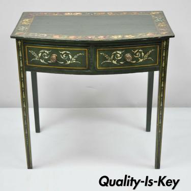 19th C Green Adams Flower Painted Victorian 2 Drawer Demilune Hall Console Table