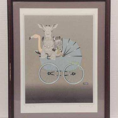 Vintage Signed & Numbered Rick Strittmater Serigraph 3/50 Safari Animals Baby "Carriage" Original Art 15x19 