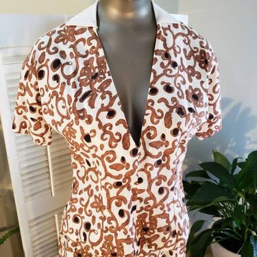 Vintage 40s 2 Piece Dress or Suit Taupe/Black print on White 