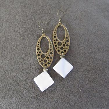 Mother of pearl earrings, statement earrings, bohemian shell earrings, bold earrings, mid century modern, white tribal bronze earrings 2 