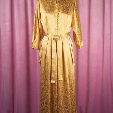 Vintage 1950s Najla of Hollywood Solid Gold Silk Brocade Loungewear Wide Leg Jumpsuit with Incredible Details! 