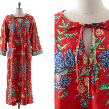Vintage 1970s Maxi Dress | 70s Tropical Floral Batik Printed Red Cotton Wide Sleeve Boho Dress with Pockets (small/medium) 