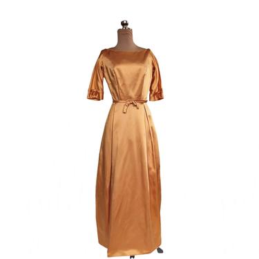 Vintage 50s apricot bronze satin gown with bows| party dress 