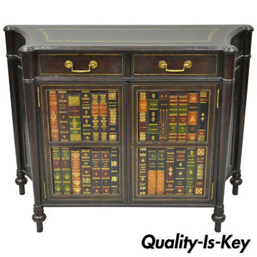 Maitland Smith Tooled Leather Faux Book Commode Demilune Console Table Cabinet