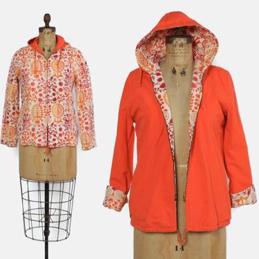 Vintage 60s Reversible Jacket / 1960s Bright Orange Folk Floral Novelty Print Hooded Spring Jacket 