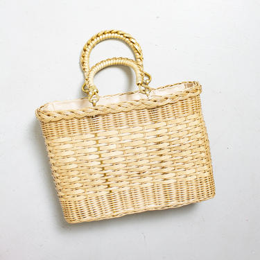 Vintage Basket Purse 1960s Woven Straw Brown Top Handel Market Tote Bag 60s 