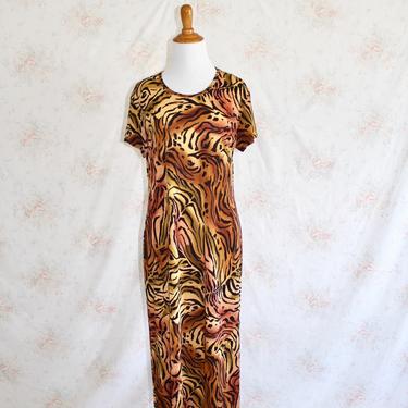 Vintage 90s Animal Print Dress, 1990s Stretch Maxi Dress With High Slit, Tiger, Y2K by WildwoodVintage
