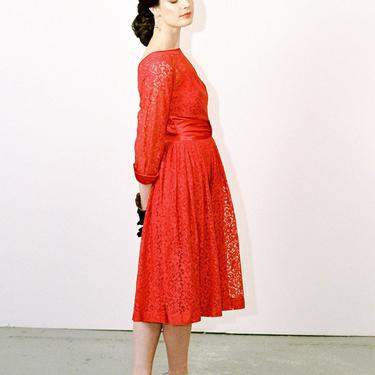 1950s Red Lace A-Line Party Dress- size 4/6 