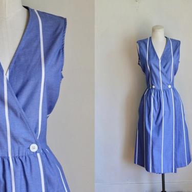 Vintage 1980s Chambray Striped Wrap Dress / M 