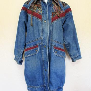 Vintage 1980s Current Seen Denim Coat, Small Women, tapestry trim, Blue Jean Coat 