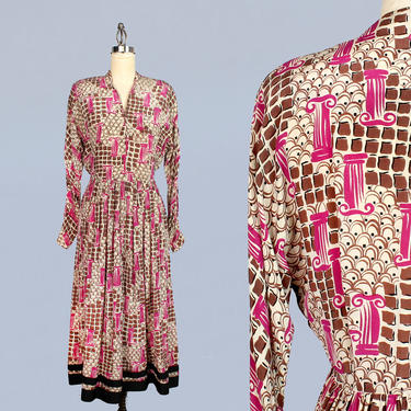 1940s Dress / 40s Novelty Print HOT PINK Columns Silk Dress / Zipper Sleeves! 