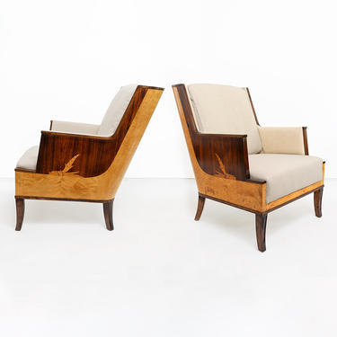 Erik Chambert armchairs with marquetry, Swedish Art Deco
