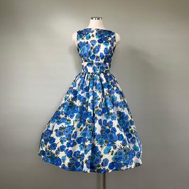1950s Blue Silk Spring Princess Dress with Belt by Saks Fifth Avenue - Sz Small 