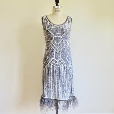 Vintage 1920's Art Deco Style Flapper Beaded Sequined Silver Gray Dress Great Gatsby Small Medium 